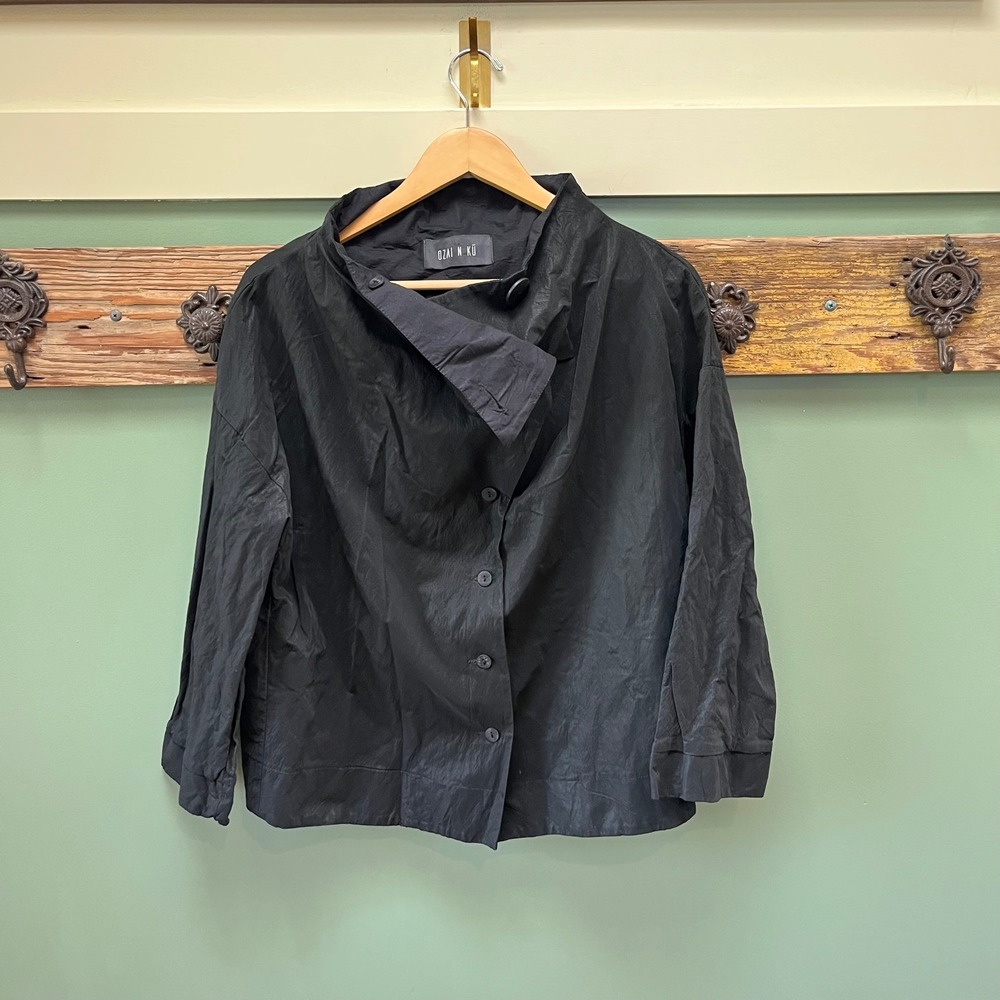 Ozai N Ku Black Textured Asymmetrical Button Down Jacket Made‎ in Greece M